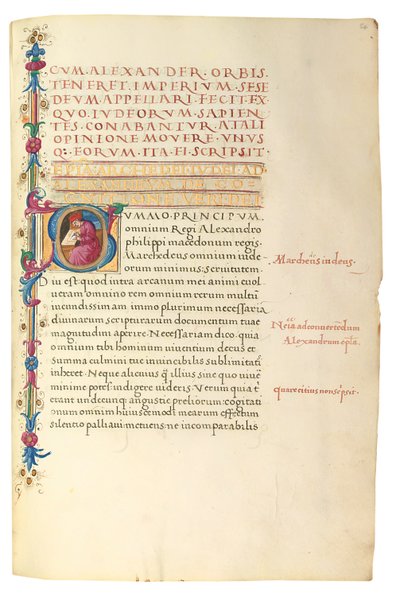 PSEUDO-ARISTOTLE, Secreta secretorum; "MARDOCHEUS IUDEUS", Epistola ad Alexandrum de cognitione veri dei; ADAM DE MONTALDO (fl. c.1450-1495), Divinitus prolata iudicia sive premonita; Quedam alia summatim posita iudicia, Roma, c.1490 (tinta e cor sobre vel de Italian School