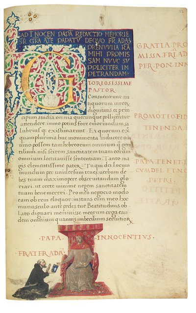 PSEUDO-ARISTOTLE, Secreta secretorum; "MARDOCHEUS IUDEUS", Epistola ad Alexandrum de cognitione veri dei; ADAM DE MONTALDO (fl. c.1450-1495), Divinitus prolata iudicia sive premonita; Quedam alia summatim posita iudicia, Roma, c.1490 (tinta e cor sobre vel de Italian School