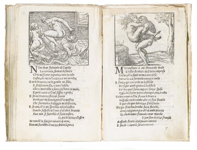Página de "Sonetti Lussuriosi" de Pietro Aretino, ilustrada por Giulio Romano e gravada por Marcantonio Raimondi, publicada em Veneza, c.1527 de Italian School