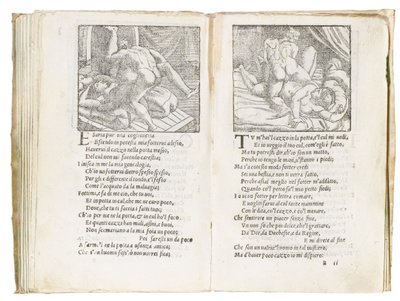 Página de "Sonetti Lussuriosi" de Pietro Aretino, ilustrada por Giulio Romano e gravada por Marcantonio Raimondi, publicada em Veneza, c.1527 de Italian School