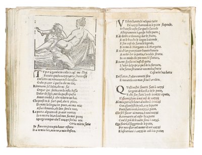 Página de &39;Sonetti Lussuriosi&39; de Pietro Aretino, ilustrada por Giulio Romano e gravada por Marcantonio Raimondi, publicada em Veneza, c.1527 (impressão e xilogravura) de Italian School