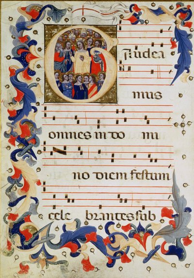 Página de notação musical com um G inicial historiated que descreve um grupo de santos com St. Ursula no meio, Escola bolonhesa de Italian School