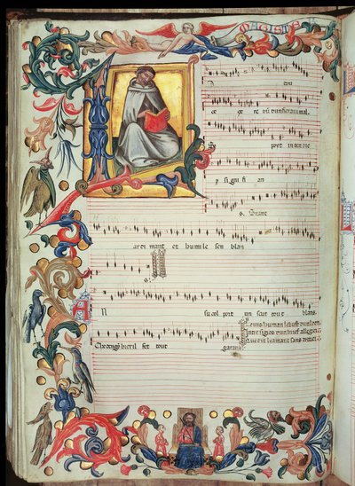 Página de notação musical com uma inicial histórica, do Códice Squarcialupi, produzida no mosteiro florentino de S. Maria degli Angeli (vellum) de Italian School