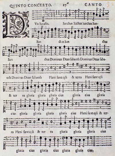 Página da partitura musical do Concerto 5 em "" Canções Francesas "" de Adriano Banchieri de Italian School