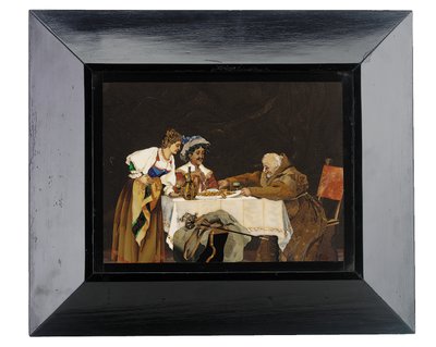 Painel representando um cavaleiro e um monge em uma mesa de jantar com uma senhora presente, Menegatti, Florença, final do século 19 (pietra dura) de Italian School