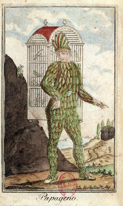 Papageno, o caçador de pássaros, de The Magic Flute, de Wolfgang Amadeus Mozart (1756-91), de Italian School