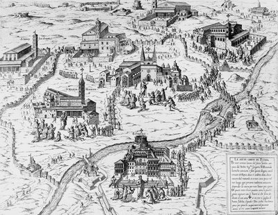 Peregrinos visitando Sete Igrejas de Roma durante o Ano Santo de 1575, gravura, Itália de Italian School