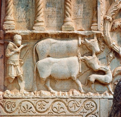 Cena de pilling. Detalhe. Baixo relevo do século XII. Igreja de San Pietro de Spoleto de Italian School
