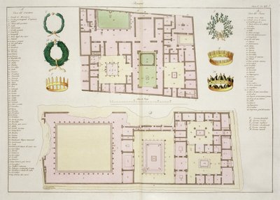 Planos da Casa do Questor e da Casa do Fauno, Pompéia, placa 25A, classe 5 da Parte I da História das Nações (aquatint) de Italian School