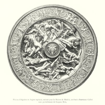 Bandeja Aiguiere em prata, executada para a Casa dos Médicis, atribuída a Benvenuto Cellini mas provavelmente por Gaspero Mola (gravura) de Italian School