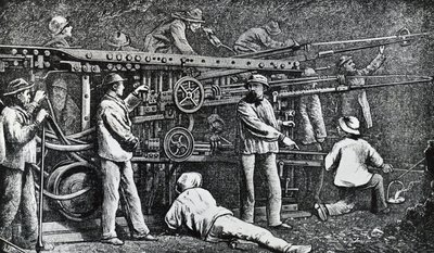 Perfuradora pneumática de rochas criada por Giovanni Battista Piatti e aperfeiçoada por Germano Sommeiller (1815-1871), gravando a Itália de Italian School