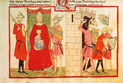 Papa Bonifácio VIII em Anagni e a expulsão de Sciarra Colonna (Giacomo Colonna) da cidade, miniatura da Crônica de Giovanni Villani, manuscrito Chigi L VIII 296 folio 176 recto, Itália Século XIV. de Italian School