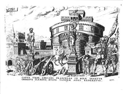 O papa Clemente VII (1478-1534) é ocupado por Charles V (1500-58) no alto da torre de Adriano, 1527 de Italian School