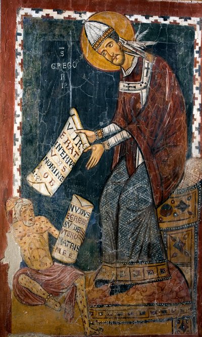 O Papa Gregoire I o Grande (540-604) e Jó Santo Gregoire tem um papel onde está escrito em latim "Vir erat in terra Hus nomine Job" (Havia um homem da terra de Hus que se chamava Jó), e Jó "Nudus egressus sum de utero matris meae" (Nu I de Italian School