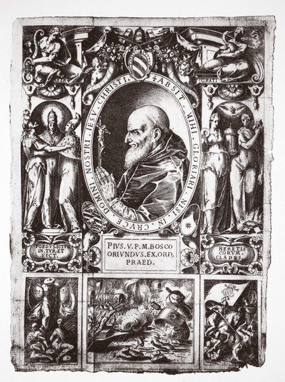 Papa Pio V, com vinhetas da Batalha de Lepanto, de Vita del Gloriosíssimo Papa Pio Quinto, pub. 1586 de Italian School