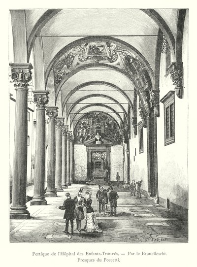 Pórtico do Hospital das Crianças, de Brunelleschi, frescos Poccetti (gravura) de Italian School