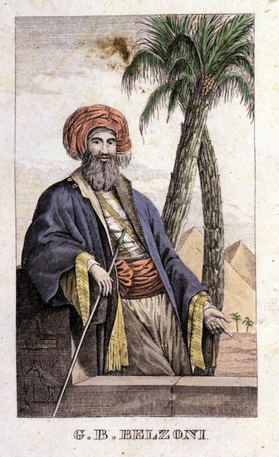 Retrato de Giovanni Battista (Gianbattista) Belzoni (1778-1823), explorador e arqueólogo italiano, que fez importantes descobertas arqueológicas no Egito. Gravura - em "Viaggio in Egitto e in Nubia" de Belzoni, Milão de Italian School