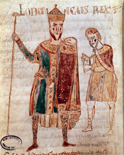 Retrato de Luís I o Piedoso (778-840), página do Manuscrito do Rei de França (ms. 4) "Codex Legum Longobardorum" (ou Langobardorum) descrevendo as leis do reino Lombardo estabelecidas pelo Rei Rothari de Italian School