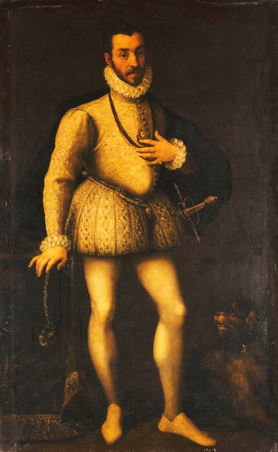 Retrato de um cavalheiro, de corpo inteiro, vestindo um gorro branco bordado, uma capa e uma espada, c.1580 de Italian School