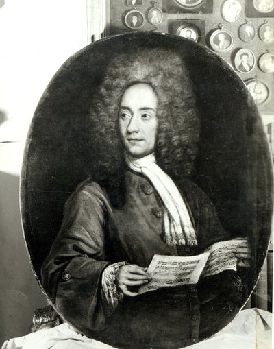 Retrato do compositor Tomaso Giovanni Albinoni (1671-1751) Realizando uma partitura de Italian School