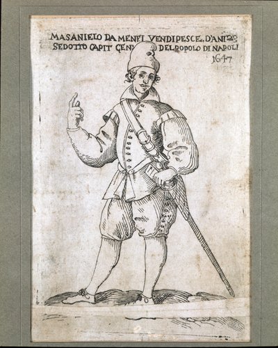Retrato do pescador napolitano e revolucionário Masaniello (1623-1647) (Retrato de Masaniello, pescador napolitano e líder da revolta contra o domínio dos Habsburgos em Nápoles, em 1647) Gravura do Museo Nazionale di San Martino Naple do século XVII de Italian School