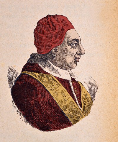 Retrato do Papa Benoit XIV (Benedetto, Benedict ou Benedictus) (1740-1758), 1898 (gravura com posterior coloração) de Italian School