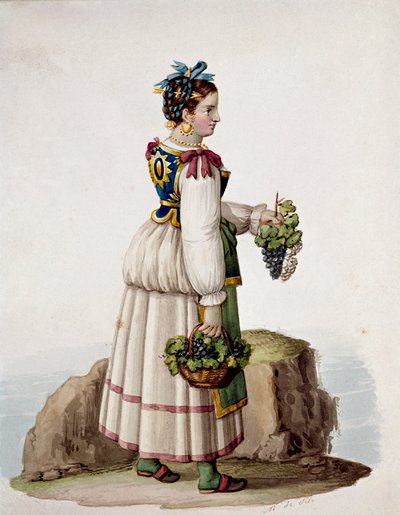 Retrato de mulher jovem de Capri, em traje tradicional, segurando uvas - (Comércio antigo: mulher jovem de Capri, segurando uvas) Aguarela do século XIX Museo Nazionale di San Martino Nápoles de Italian School