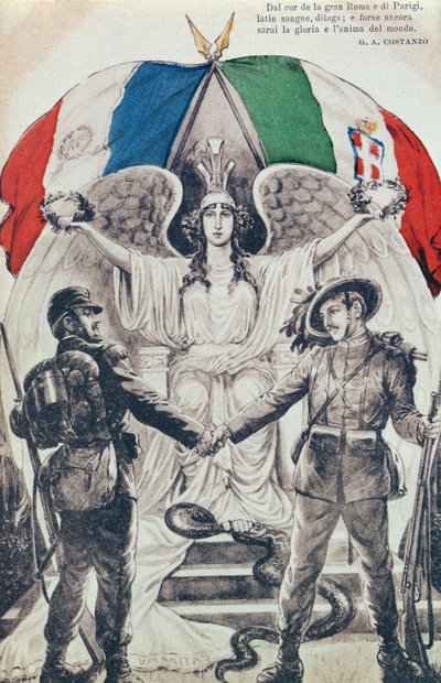 Postal que celebra a aliança entre a França e a Itália durante a Primeira Guerra Mundial de Italian School
