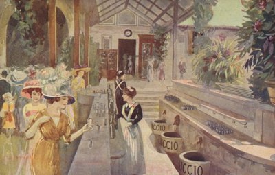 Postal ilustrando Mulheres no Bar de Tettuccio, Bagni di Montecatini (litografia a cores) de Italian School