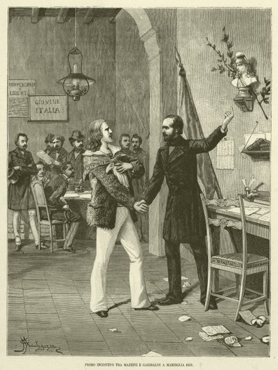Primeiro encontro entre Mazzini e Garibaldi em Marselha 1833 (gravura) de Italian School