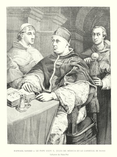 Raphael Sanzio, Papa León X, Julius de Medici e Cardeal de Rossi, Coleção Pitti Palace (gravura) de Italian School
