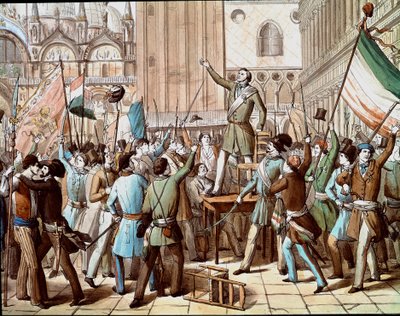 Representação de Daniele Manin (1808-1857), político que liderou a revolução de Veneza contra a presença austríaca em 1848: a proclamação da República de Veneza em março de 1848. (Proclamação da República de Veneza, em março de 1848, com uma representatio de Italian School
