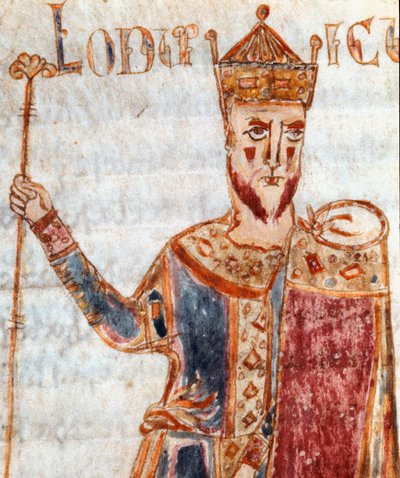 Representação de Luís I conhecido como o Pio ou o Debonário" (778-840), filho de Carlos Magno" Miniatura retirada do "Codex Legum Longobardorum" (ou Langobardorum) descrevendo as leis do reino Lombardo estabelecidas pelo Rei Rothari de Italian School