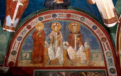 Representação de Santo Estêvão, mártir cristão, São Tomás Becket (1118-1170), Arcebispo de Cantuária e São Nicolau de Myra ou Bari (270-345) Afresco anónimo (século XIII) Igreja baixa. Mosteiro de São Benedetto (Sacro Speco), Subiaco (Rom de Italian School