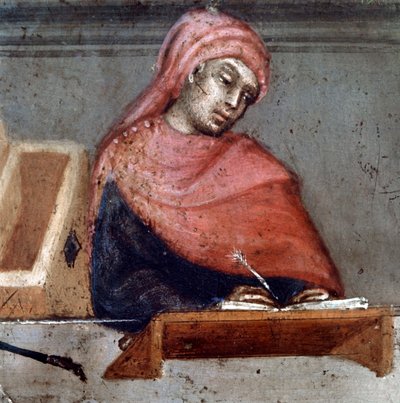 Representação de um camerlinguista Detalhe - o oficial é coberto com um liripion - pintura anônima em madeira de um Biccherna (capa do registro contábil da cidade de Siena) 1388. Siena Archivio di Stato, Itália de Italian School