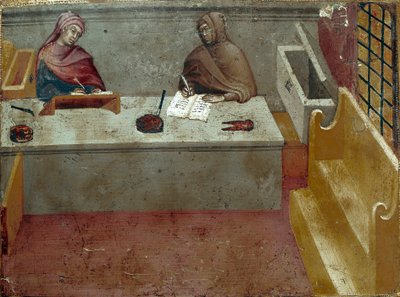 Representação de um camerlinguista, assistente de um copiador Anônimo sobre madeira de um Biccherna (capa do registro contábil da cidade de Siena) 1388. Siena Archivio di Stato, Itália de Italian School