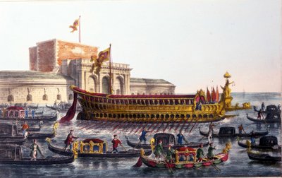 Representação do Bucentauro. (Bucentoro) No dia da Ascensão, o Doge cruzou a lagoa de Veneza para chegar à boca do mar aberto a bordo de um navio chamado Bucentauro. de Italian School