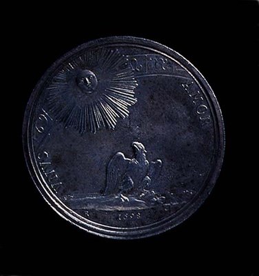 Reverso de uma medalha de retrato de Anna Isabella de Mântua retratando a águia observando o sol, cunhada em 1698. Inscrição: VNVS AMOR (prata) (para o anverso ver 119199) de Italian School