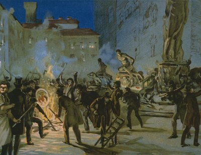 Revolução em Florença, 27 de abril de 1859, ilustração de um álbum sobre a história do Risorgimento feito para o chocolate Talmone, final do século XIX de Italian School