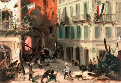 Revoluções de 1848, Cinco dias de Milão: barricadas perto do portão de Pusterla Beatrice no dia 22 de março (pintura de Italian School