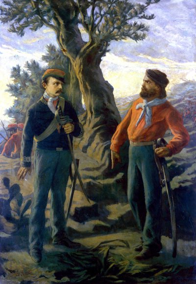 Risorgimento: Gerolamo Bixio chamado Nino Bixio (1821-1873) e Giuseppe Garibaldi (1807-1882) na Batalha de Calatafimi, na Sicília, em 15/05/1860. Garibaldi proclama a Bixio que sugere que ele se retire: "O que dizes, Bixio? Aqui construímos a Itália ou de Italian School