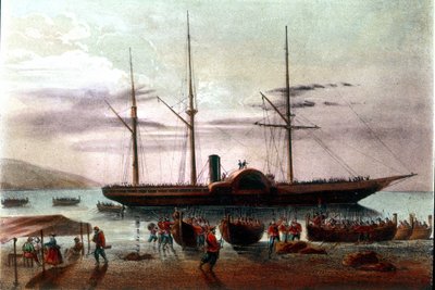Risorgimento: a partida em 8/08/1860 de Giuseppe Missori, oficial do exército de Giuseppe Garibaldi (1807-1882), no detroit de Messina em direção ao Forte de Villa San Giovanni. Ilustração do século XIX de Italian School