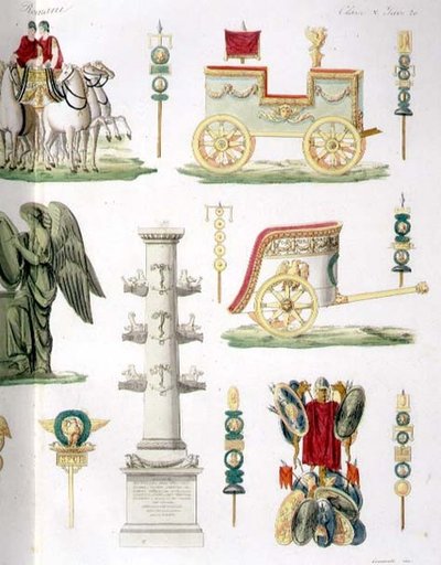 Carruagens Romanas, Troféus e Monumentos Militares, detalhe da placa 20, classe 5 da Parte I de "A História das Nações", gravada por Marco Comirato (c.1800-69) (aquatint) (ver também 93290) de Italian School
