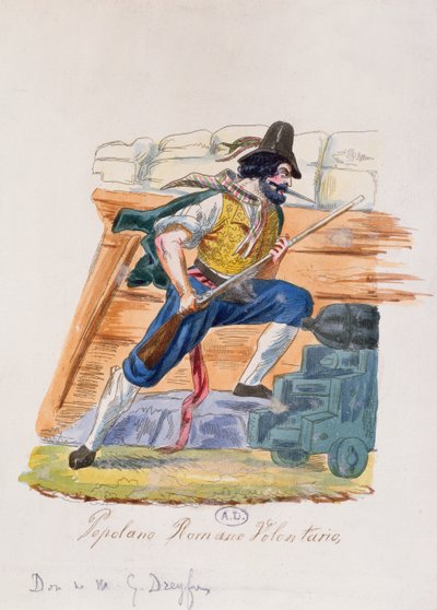 Voluntário popular romano da insurreição de 1848 em Roma (gravura a cores) de Italian School