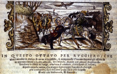 Ruggiero consegue escapar da ilha de Alcina e depois resgata Angélica do orc - Cena do poema cavalheiresco de “Orlando Furioso” de Ludovico Ariosto de Italian School