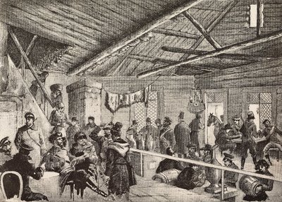 Soldados russos em taverna perto das fortificações de Varsóvia, Polónia, gravura a partir de esboço de Fritzmann, de L