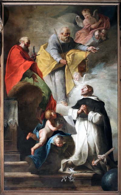 São Domingos recebe a bengala de pelerin e o livro onde está escrito "Vade et predica" das mãos dos santos Pedro e Paulo" Pintura da escola veneziana do século XVIII (São Domingos recebe a bengala e o livro com o i de Italian School