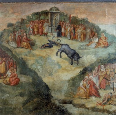 São Hipólito Atirando o Turis Dado a Ele por Pontifex Battistellus em Ordem ao Sacrifício a Júpiter, detalhe da pintura do Martírio de São Hipólito e seus Companheiros de Italian School