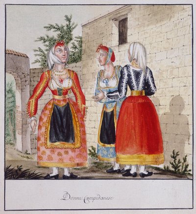 Mulheres sardas em trajes de Campidano, estampa ms.258, Coleção Luzzetti de Italian School