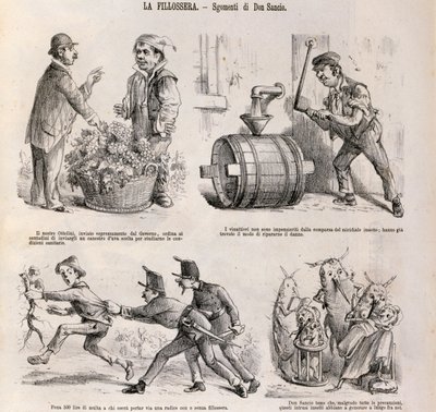 Desenho animado satírico dedicado à crise vitivinícola provocada pela filoxera, ilustração do jornal satírico Spirito Folletto, 18 de setembro de Italian School